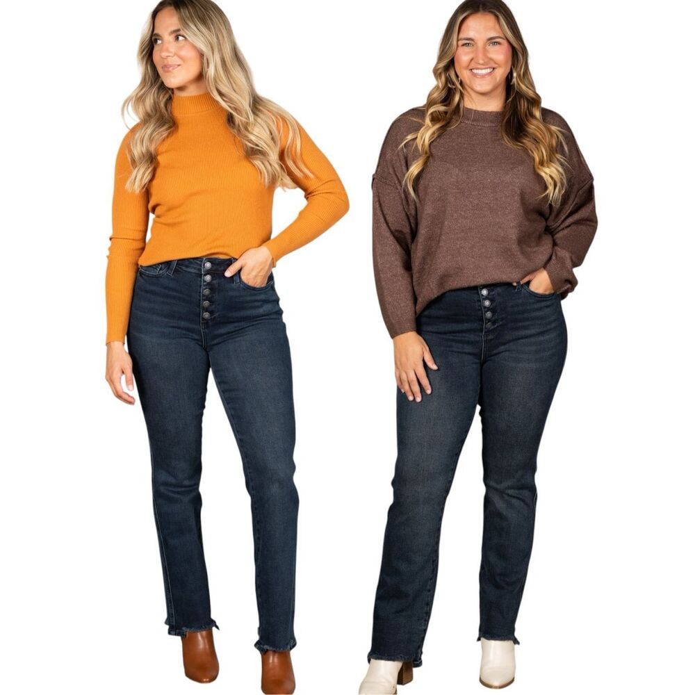 Judy Blue High Rise Button Fly Straight Leg Jeans Dark Wash Raw Hem Reg Plus NWT - Picture 7 of 10